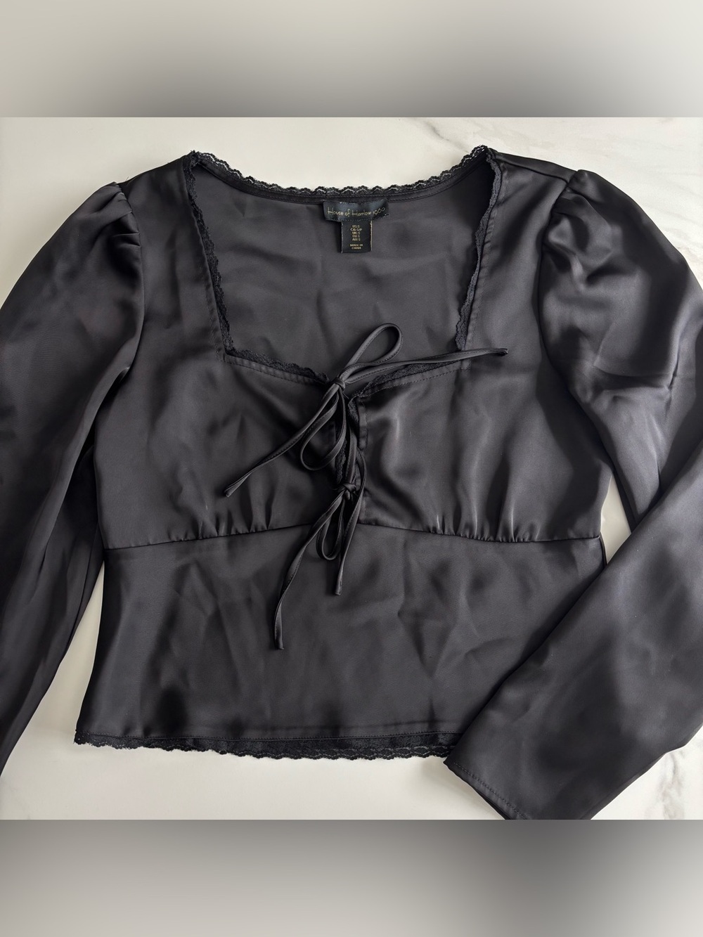 House of Harlow 1960 Black Satin Lace-Trim Tie-Front Blouse Sz S